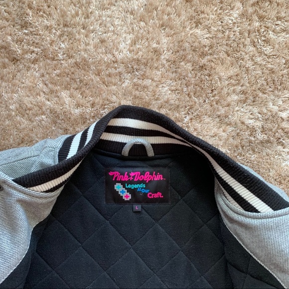 Large Leather Pink Dolphine Bomber Varsity Jacket - Picture 2 of 6